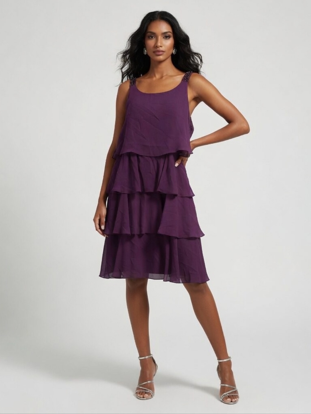 S.L. Fashions Plum Tiered Ruffle Midi Dress with Beaded Straps